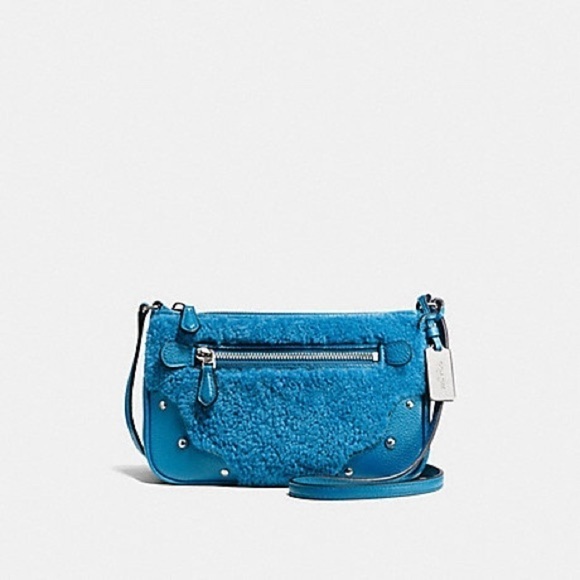 Coach Bright Blue Shearling Leather Rhyder Pochette Crossbody Bag - Picture 1 of 15
